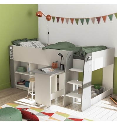 Cama alta juvenil con escritorio extraíble con ruedas y estanterías. Práctica y moderna 
