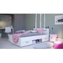 Cama doble con cabezal y cajones inferiores y estante. 140 x190 cm. Cama moderna y funcional.