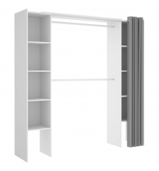 Vestidor abierto con 2 columnas y cortina. 2 barras-colgador. 10 estantes. Medida ajustable.
